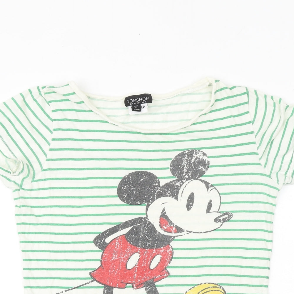 Topshop Womens Green Striped 100% Cotton Basic T-Shirt Size 8 Round Neck - Mickey Mouse