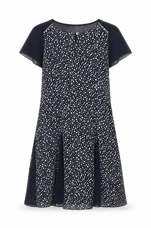 Front view of Afibel women’s blue polka dot polyester trapeze & swing, size UK 12, round neck zip