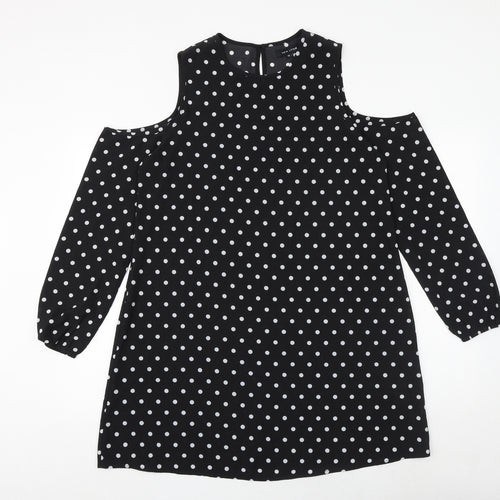 New Look Womens Black Polka Dot Polyester A-Line Size 12 Round Neck Button - Cold Shoulder