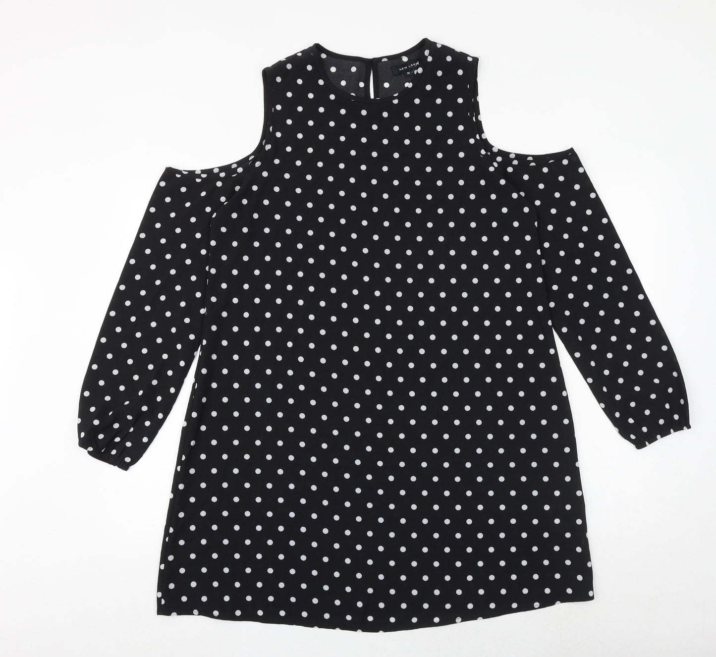 New Look Womens Black Polka Dot Polyester A-Line Size 12 Round Neck Button - Cold Shoulder