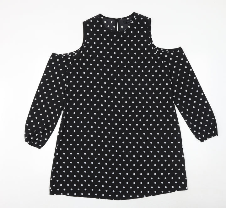 New Look Womens Black Polka Dot Polyester A-Line Size 12 Round Neck Button - Cold Shoulder