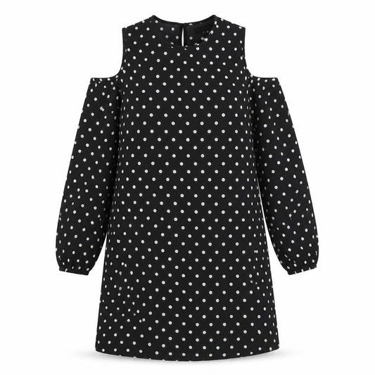 Front view of New Look women’s black polka dot polyester a-line, size UK 12, round neck button - cold shoulder