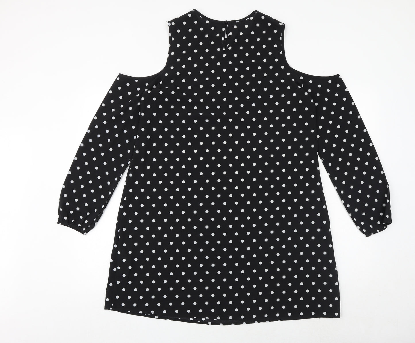 New Look Womens Black Polka Dot Polyester A-Line Size 12 Round Neck Button - Cold Shoulder