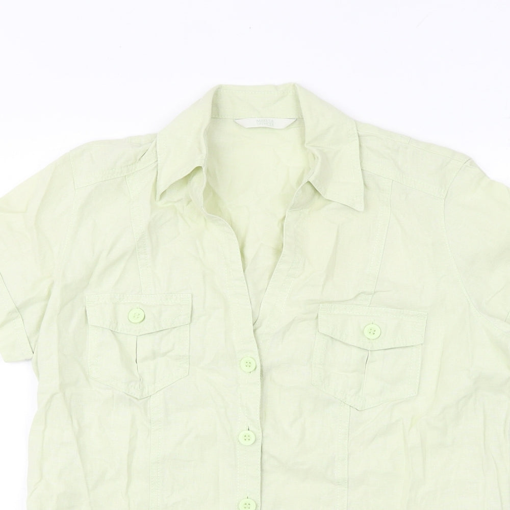 Marks and Spencer Womens Green Linen Basic Button-Up Size 12 Collared