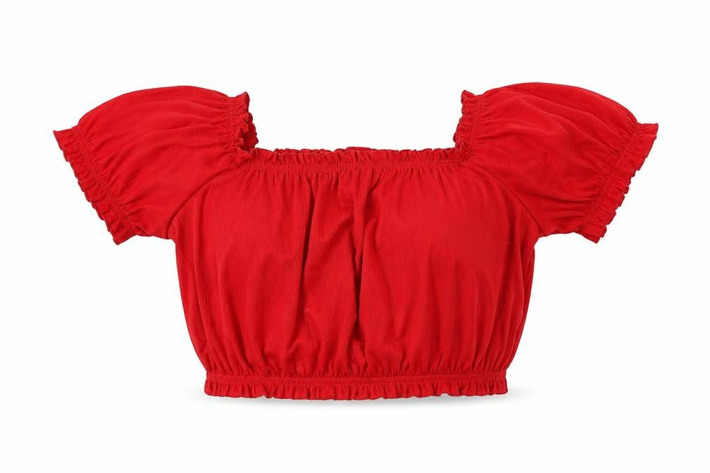 Front view of H&M women’s red polyester cropped blouse, size S, square neck