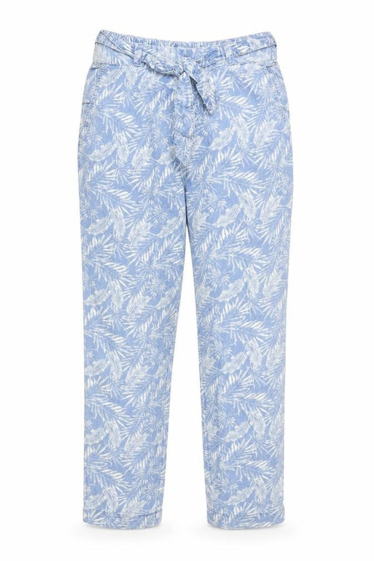 Front view of Next women’s blue geometric lyocell carpenter trousers, size UK 10, regular tie - leaf pattern