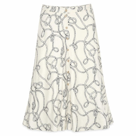 Front view of Marks & Spencer women’s ivory geometric polyester peasant skirt, size UK 8, button