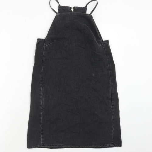Topshop Womens Black Cotton Pinafore/Dungaree Dress Size 6 Square Neck Zip