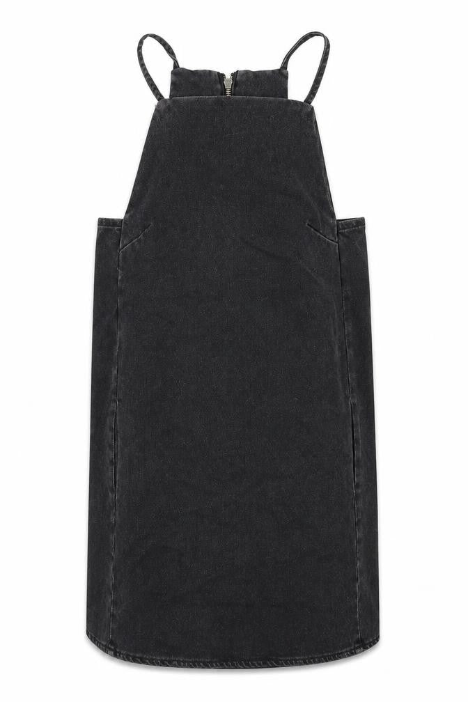 Topshop Womens Black Cotton Pinafore/Dungaree Dress Size 6 Square Neck Zip