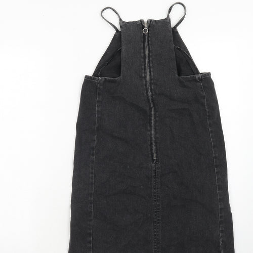 Topshop Womens Black Cotton Pinafore/Dungaree Dress Size 6 Square Neck Zip