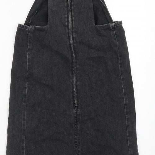 Topshop Womens Black Cotton Pinafore/Dungaree Dress Size 6 Square Neck Zip