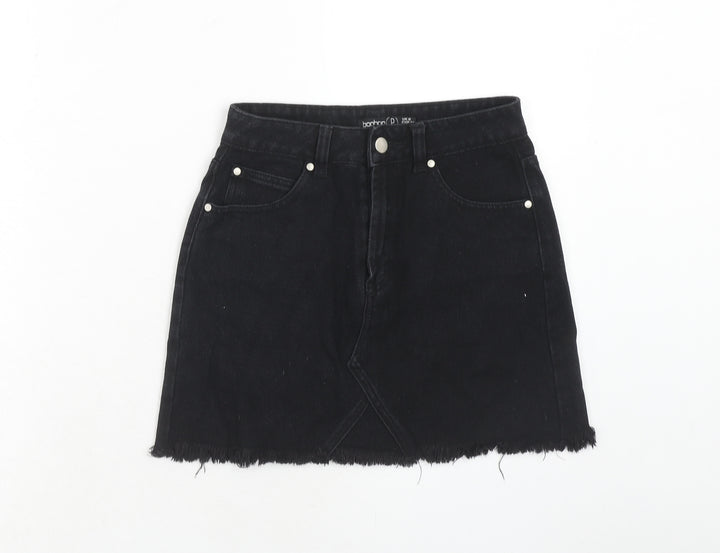 Boohoo Womens Black Cotton A-Line Skirt Size 6 Zip