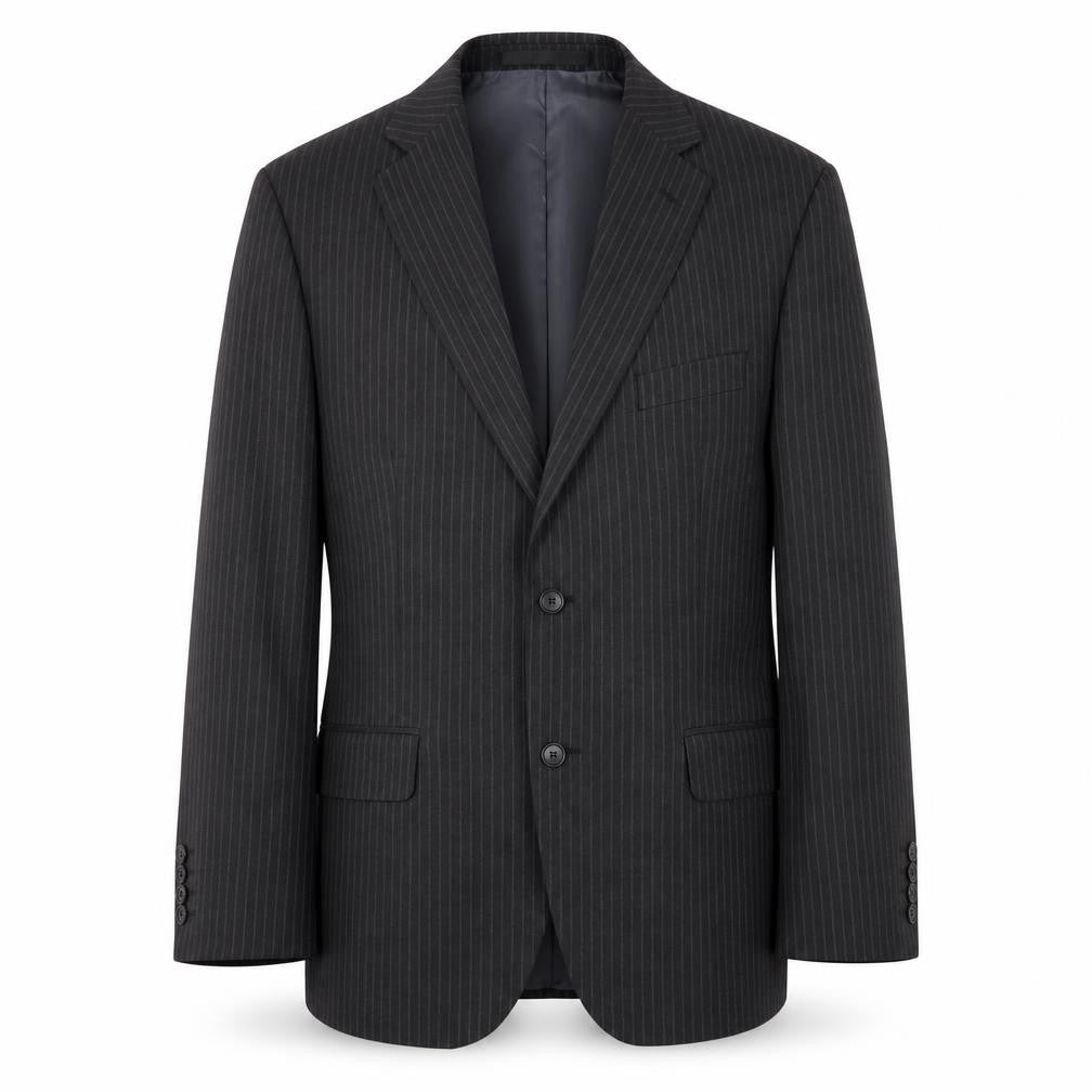 Front view of Marks & Spencer men’s grey striped polyester jacket suit jacket, size 40, regular