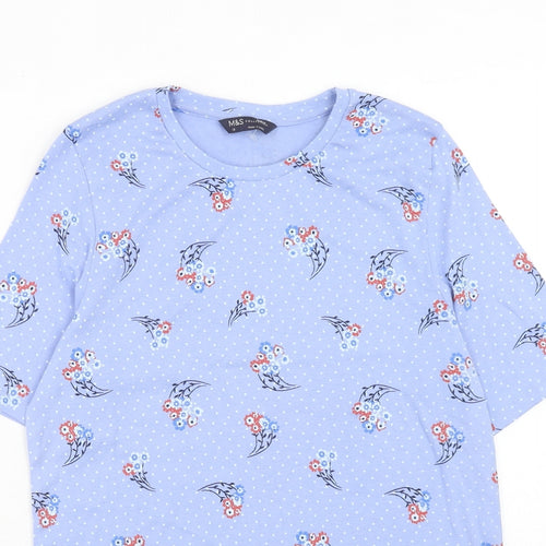 Marks and Spencer Womens Blue Geometric Cotton Basic T-Shirt Size 18 Round Neck
