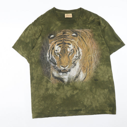 The Mountain Mens Green Geometric Cotton T-Shirt Size L Round Neck - Lion