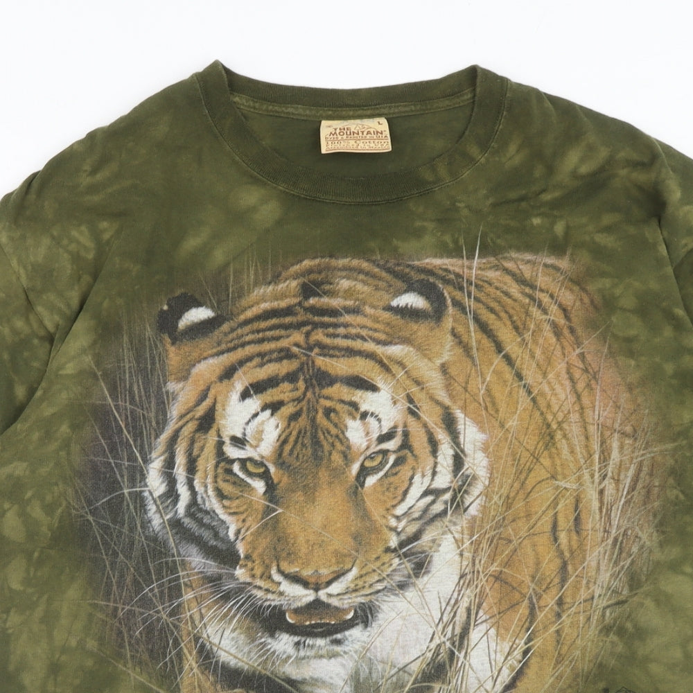 The Mountain Mens Green Geometric Cotton T-Shirt Size L Round Neck - Lion