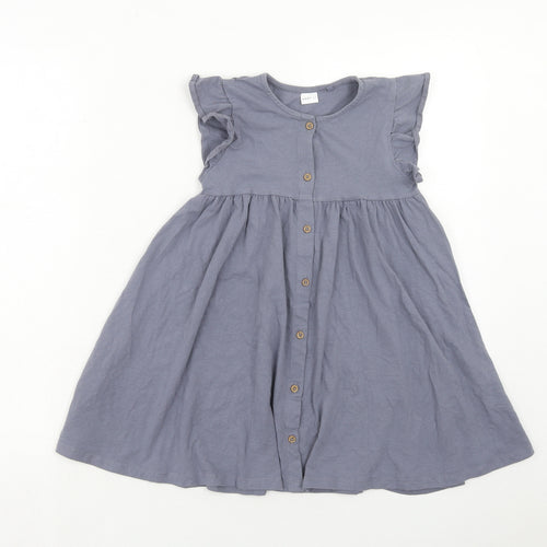 NEXT Girls Blue Cotton A-Line Size 5-6 Years Round Neck Button