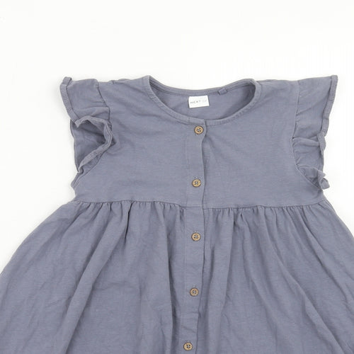 NEXT Girls Blue Cotton A-Line Size 5-6 Years Round Neck Button