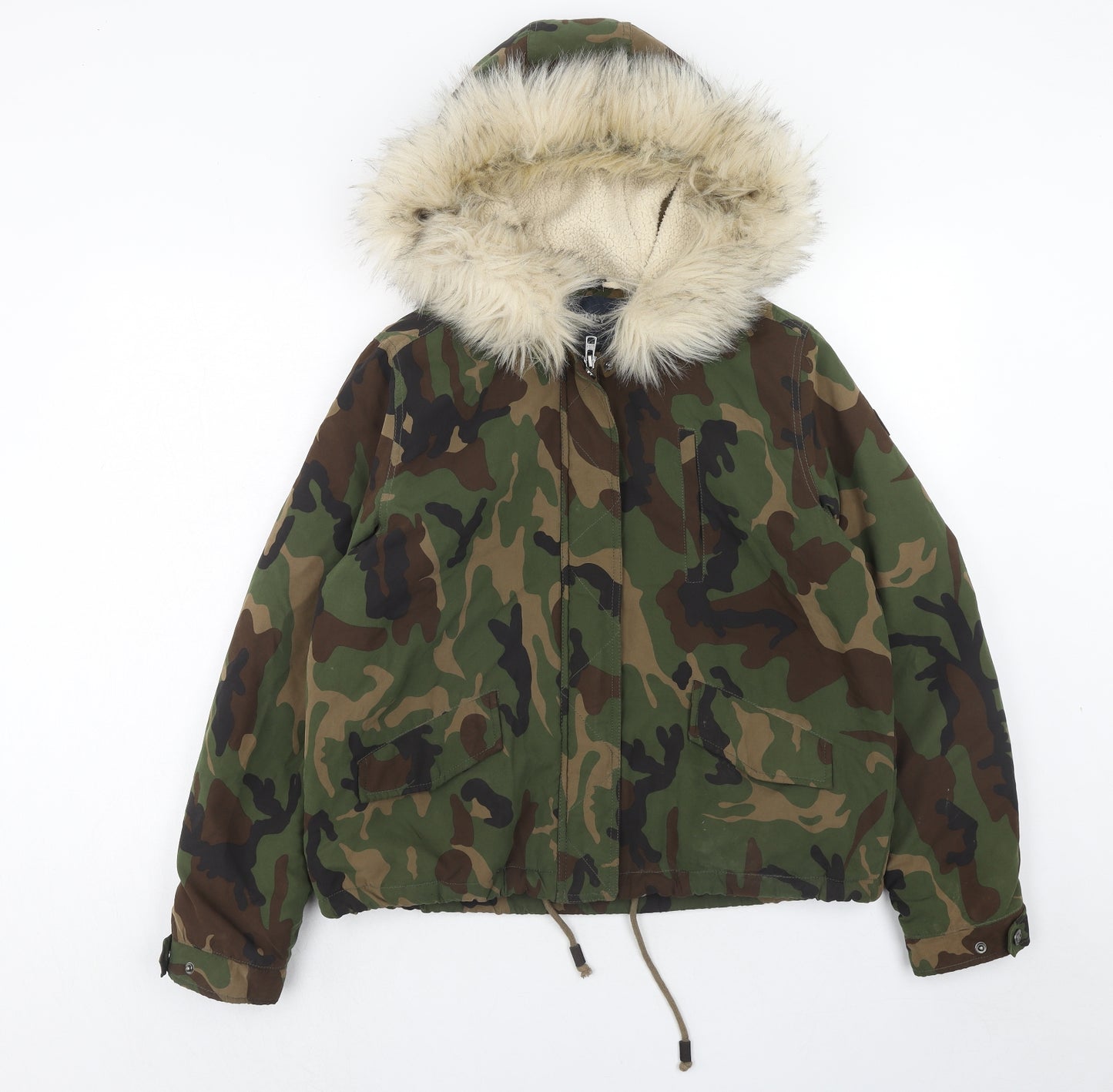 Only Womens Green Camouflage Parka Coat Size L Zip - Fur Trim