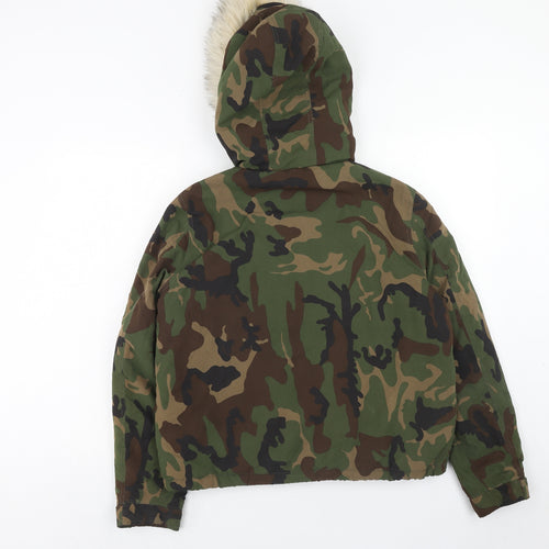 Only Womens Green Camouflage Parka Coat Size L Zip - Fur Trim