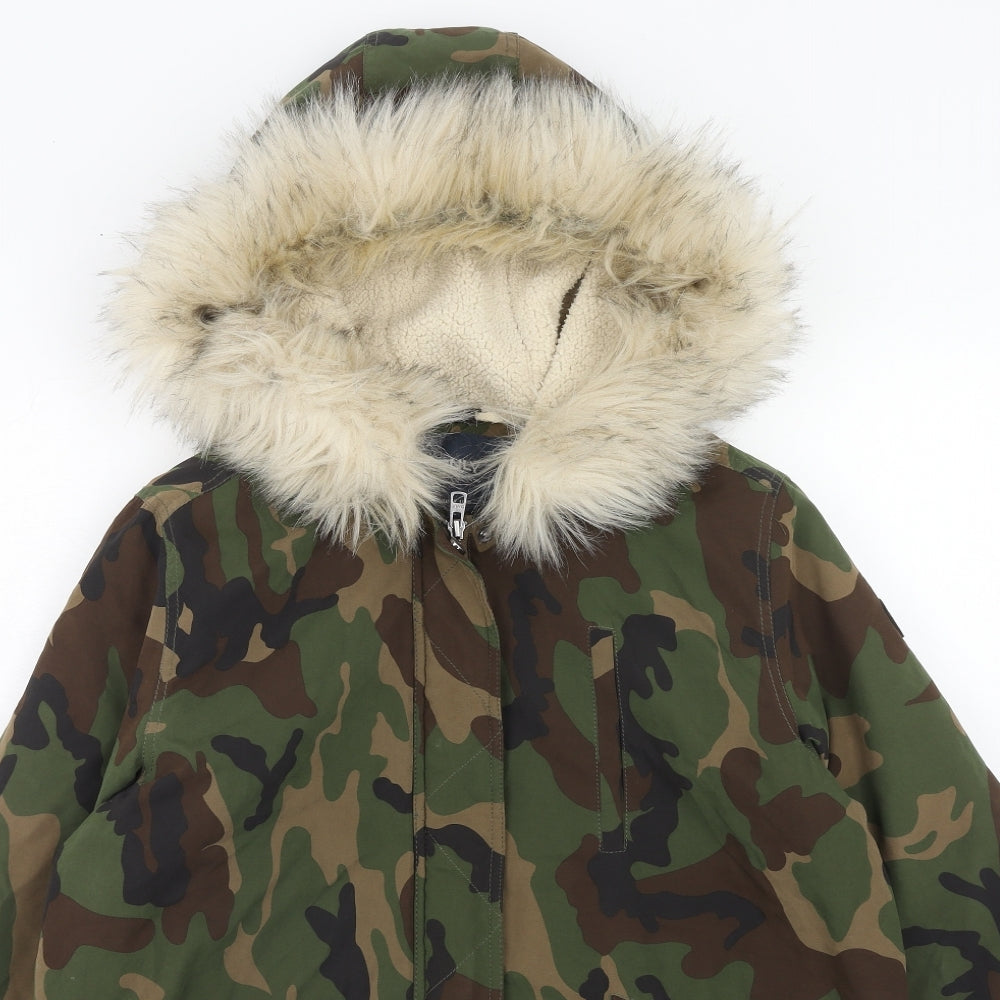 Only Womens Green Camouflage Parka Coat Size L Zip - Fur Trim