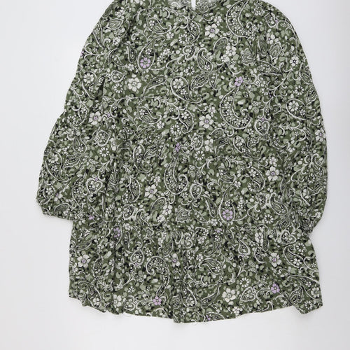 Miss Selfridge Womens Green Geometric Viscose A-Line Size 10 Round Neck Button