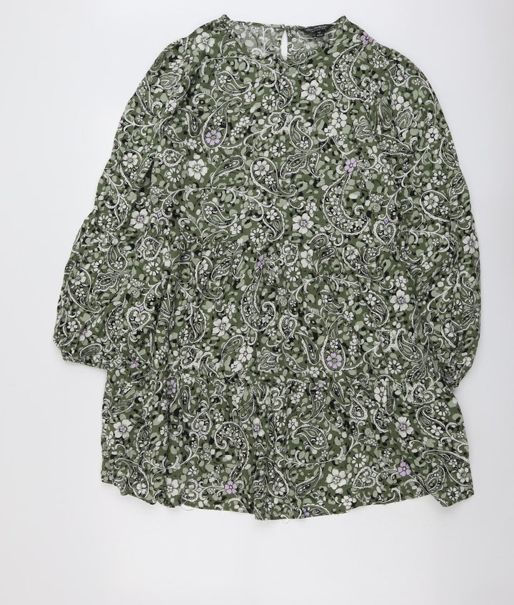 Miss Selfridge Womens Green Geometric Viscose A-Line Size 10 Round Neck Button