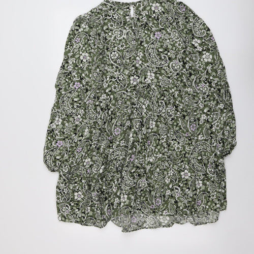 Miss Selfridge Womens Green Geometric Viscose A-Line Size 10 Round Neck Button