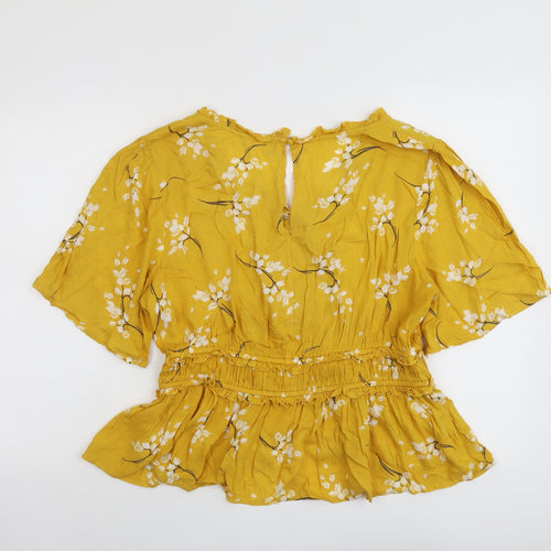 River Island Womens Yellow Floral Viscose Basic Blouse Size 16 V-Neck