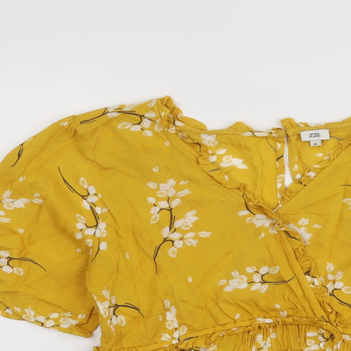 River Island Womens Yellow Floral Viscose Basic Blouse Size 16 V-Neck
