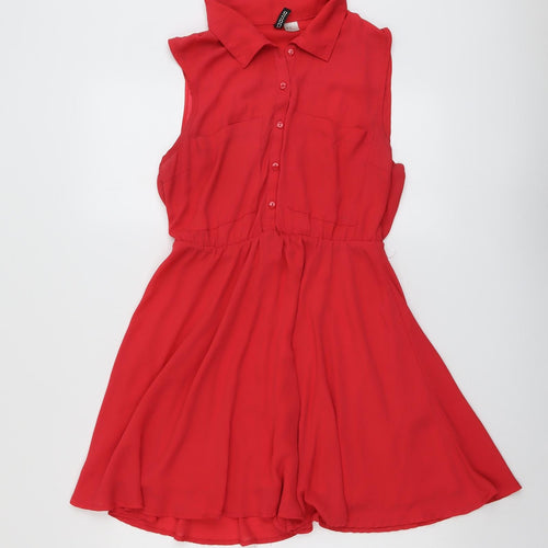 H&M Womens Red Polyester Shirt Dress Size 12 Collared Button