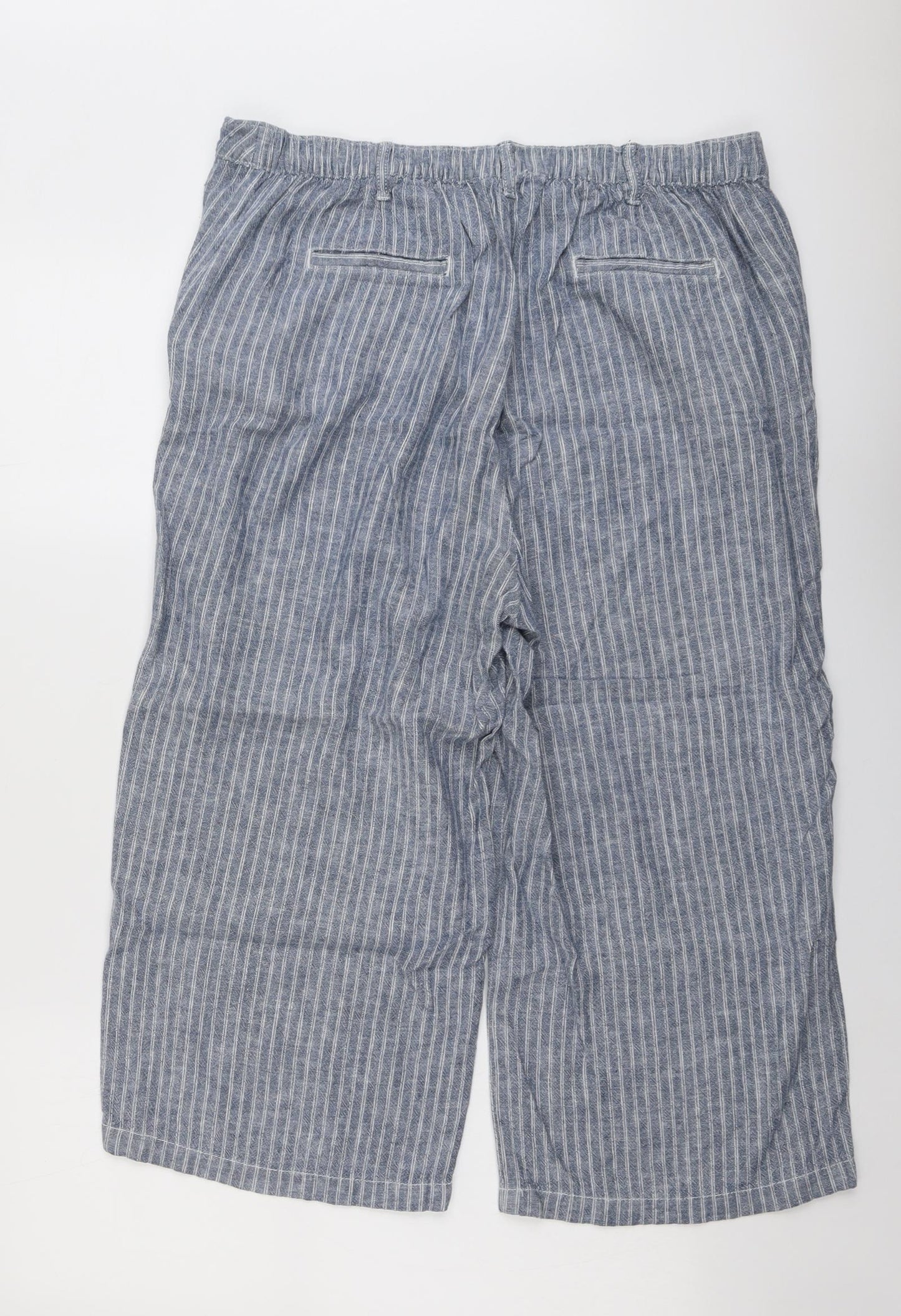 Bonmarché Womens Blue Striped Linen Cropped Trousers Size 14 L20 in Regular Button