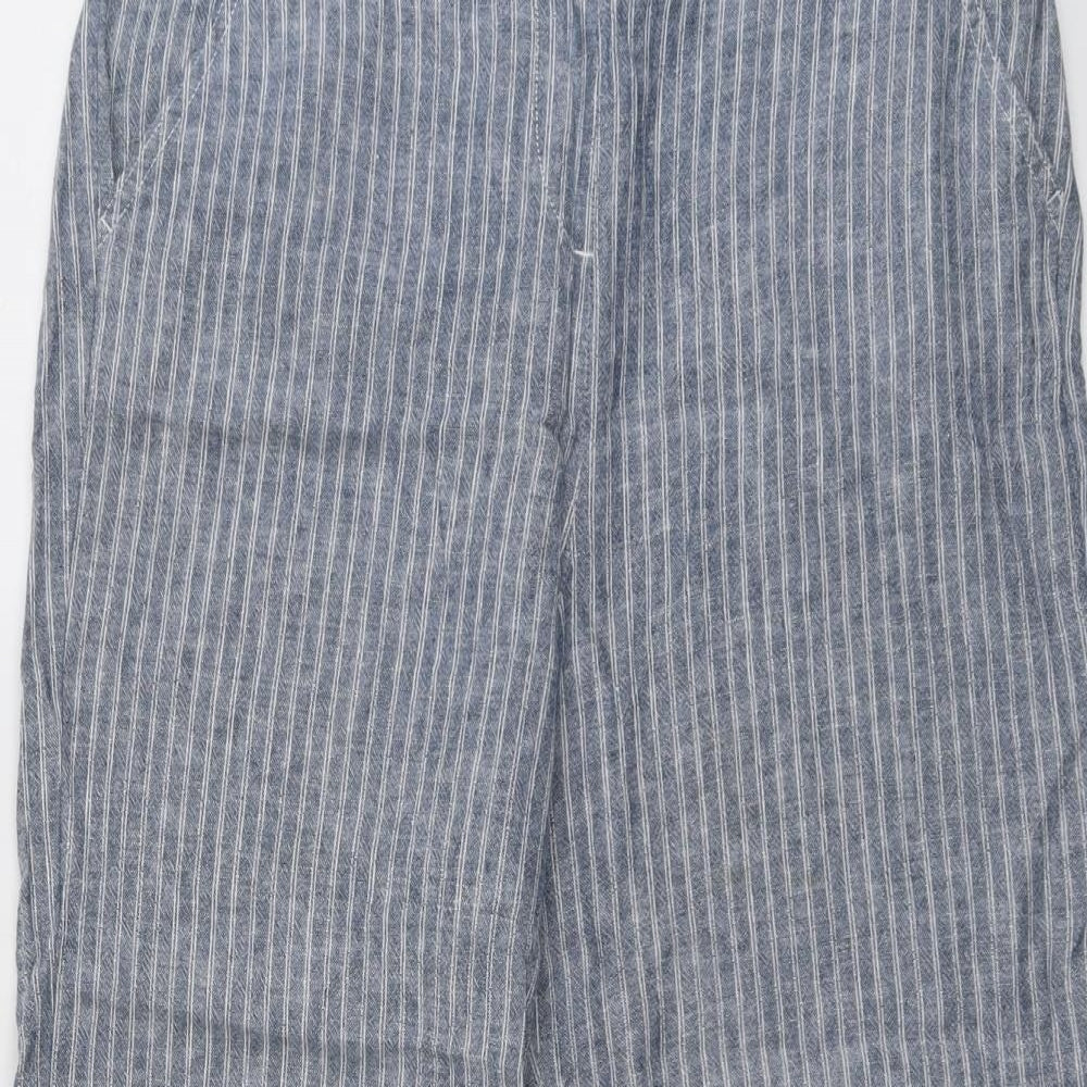 Bonmarché Womens Blue Striped Linen Cropped Trousers Size 14 L20 in Regular Button