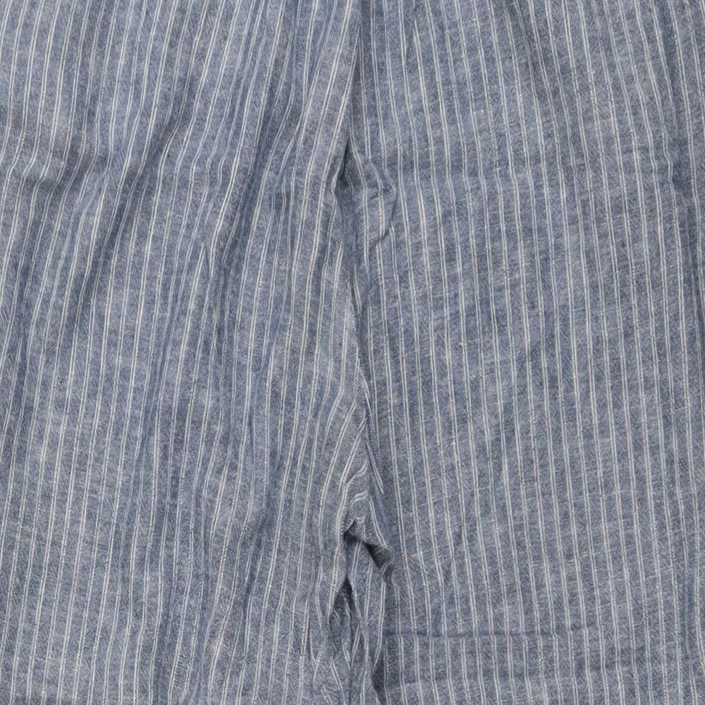 Bonmarché Womens Blue Striped Linen Cropped Trousers Size 14 L20 in Regular Button