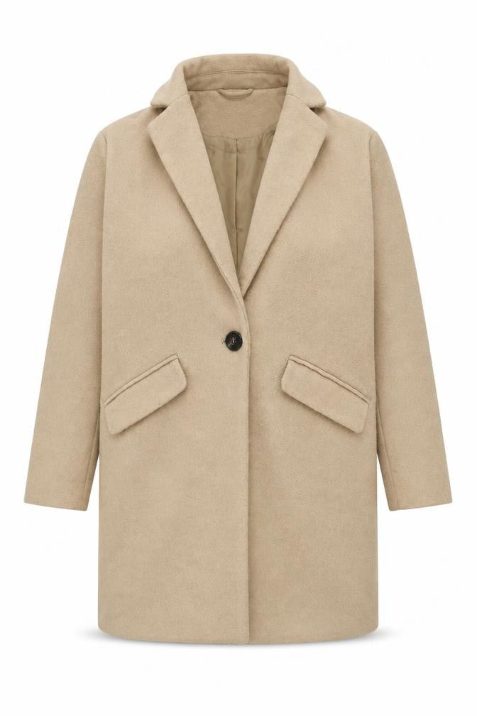 Front view of Next women’s beige overcoat coat, size UK 6, button
