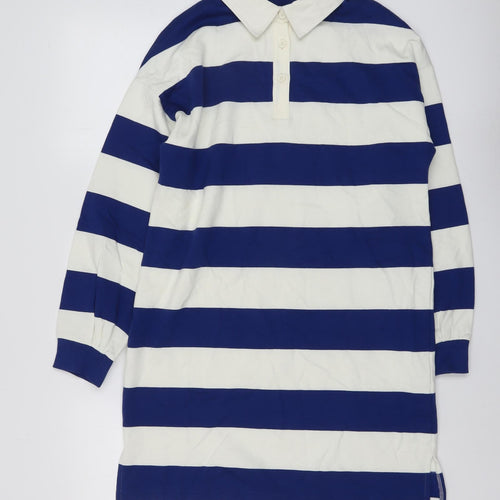 Marks and Spencer Girls Blue Striped Cotton A-Line Size 12-13 Years Collared Button