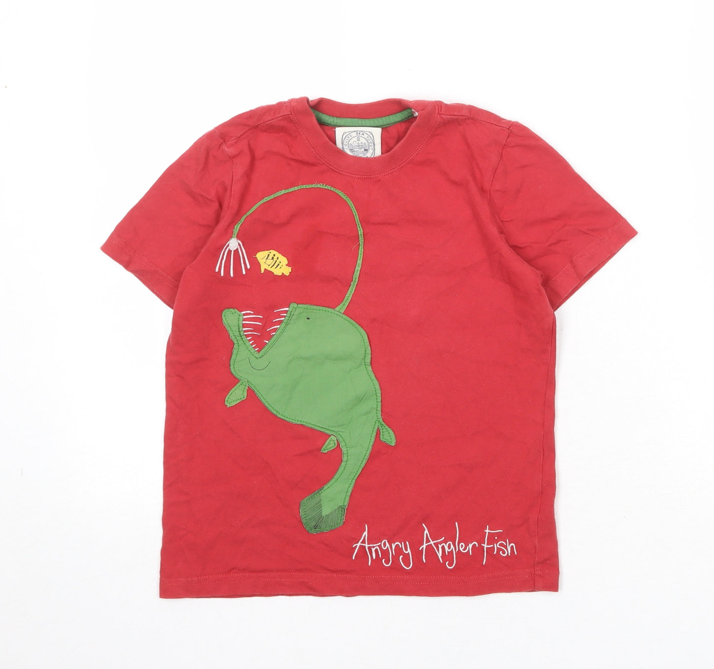 Joules Boys Red 100% Cotton Basic T-Shirt Size 6 Years Round Neck Pullover - Angry Angler Fish