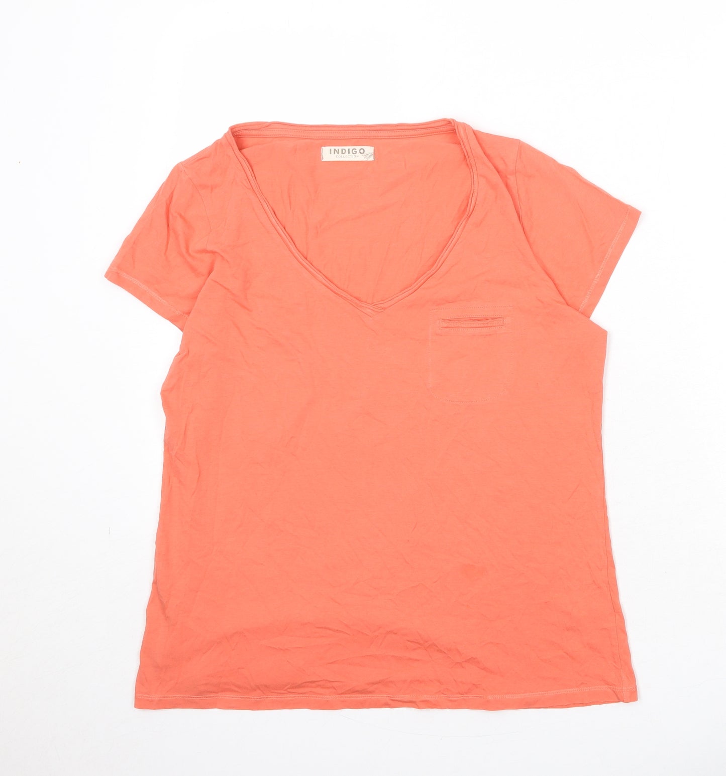 Marks and Spencer Womens Orange 100% Cotton Basic T-Shirt Size 14 V-Neck