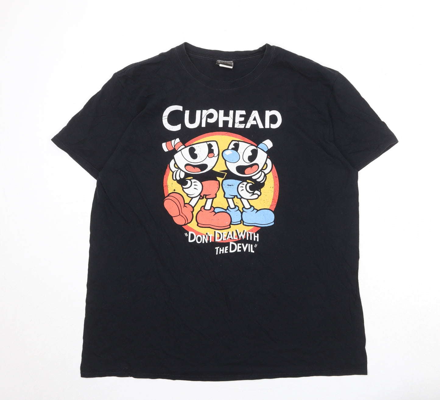 Cuphead Mens Black Cotton T-Shirt Size XL Round Neck