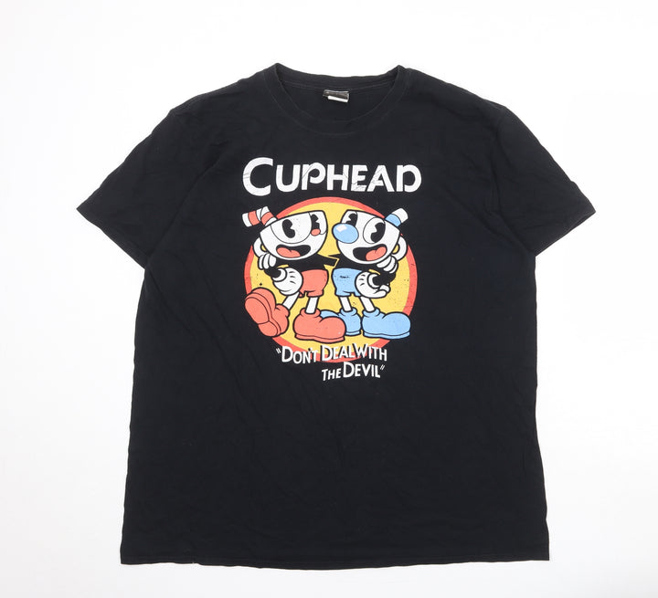 Cuphead Mens Black Cotton T-Shirt Size XL Round Neck