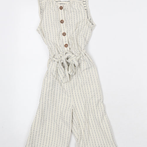 NEXT Girls Beige Striped 100% Cotton Jumpsuit One-Piece Size 7 Years Button