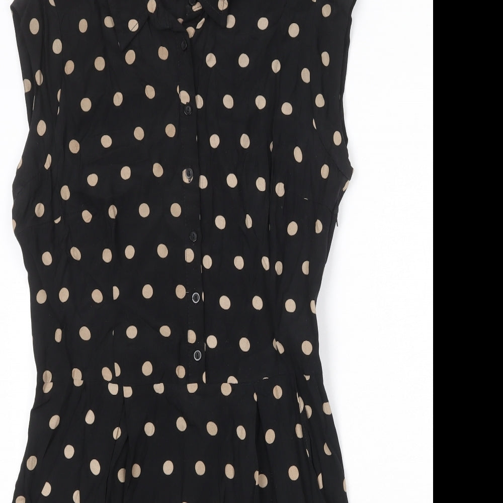 Dorothy Perkins Womens Black Polka Dot Viscose Shirt Dress Size 14 Collared Zip