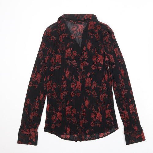 Marks and Spencer Womens Black Floral Polyester Basic Button-Up Size 16 Collared
