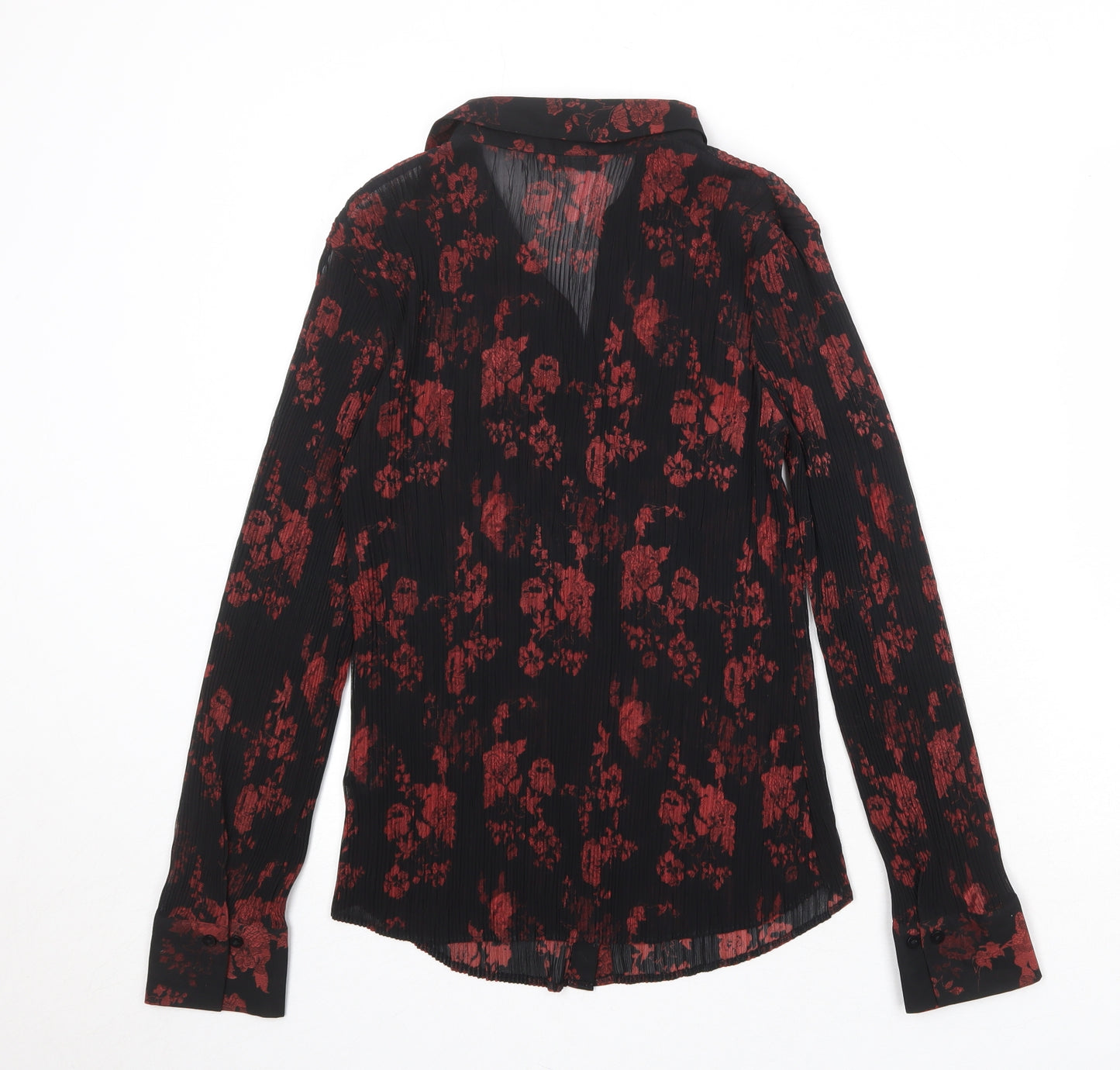 Marks and Spencer Womens Black Floral Polyester Basic Button-Up Size 16 Collared