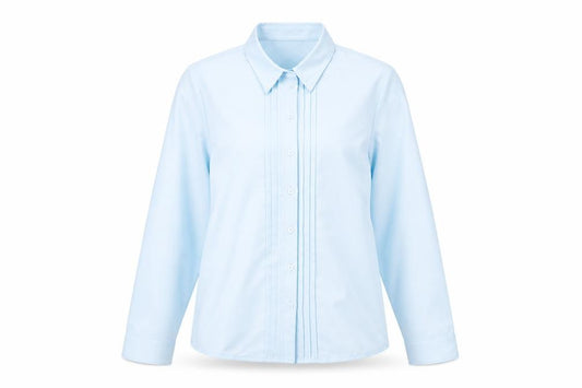 Front view of EWM women’s blue polyester basic button-up, size UK 10, collared