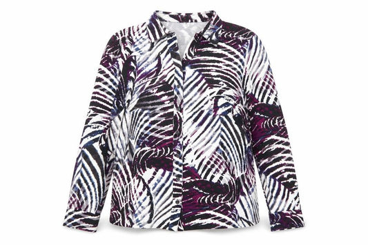 Front view of Lebek women’s multicoloured geometric viscose basic button-up, size UK 20, collared