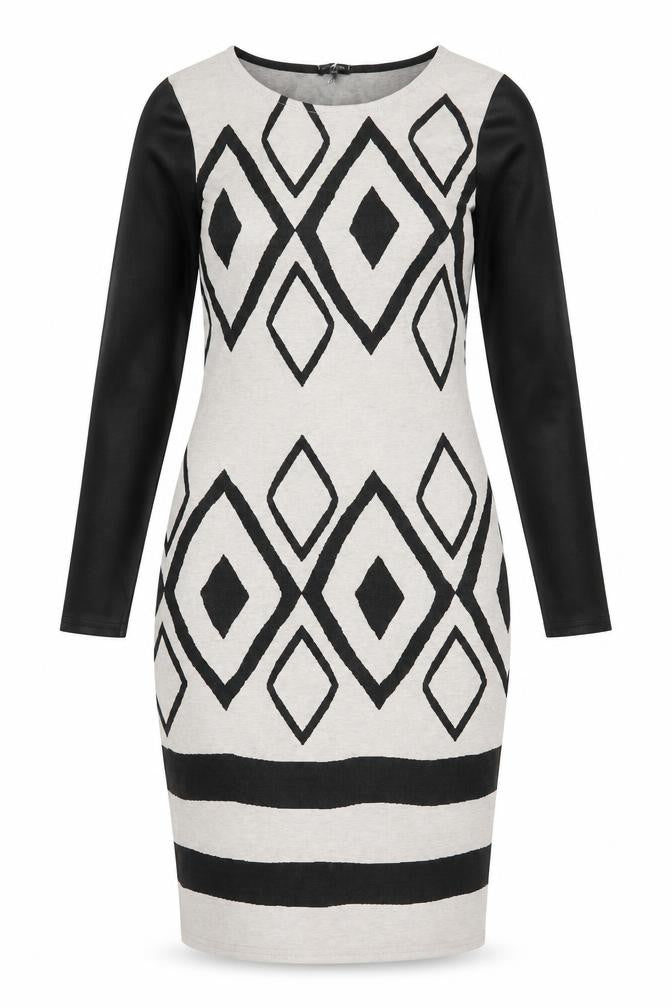 Front view of River Island women’s beige argyle/diamond polyester a-line, size UK 10, round neck pullover