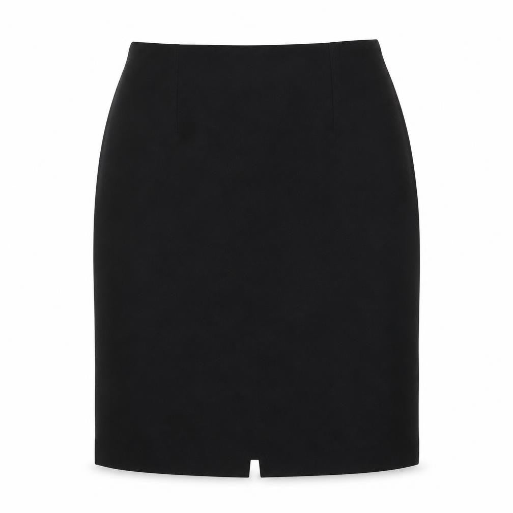 Front view of Louben women’s black polyester a-line skirt, size UK 35, in zip