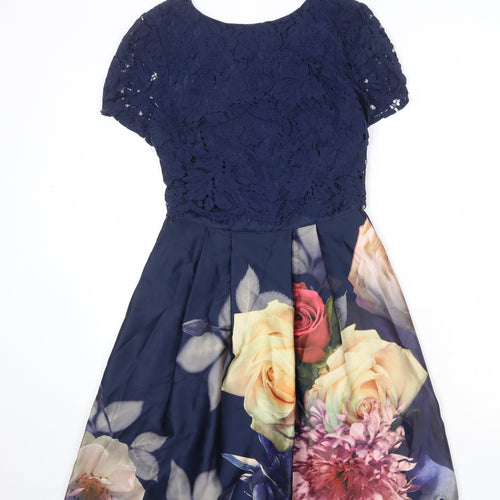Oasis Womens Blue Floral Cotton Fit & Flare Size S Round Neck Zip