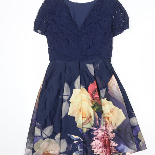 Oasis Womens Blue Floral Cotton Fit & Flare Size S Round Neck Zip